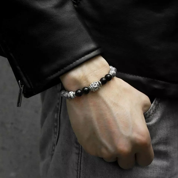 Natural Map stone,black lava beaded men's… - Picture 4 of 5